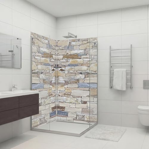 dedeco Eck-Duschrückwand wasserfest Motiv: Stein V3, 2 x 100x210 cm, als Badrückwand zum Fliesenersatz, als Dekorwand, Wandverkleidung und Duschplatte aus Aluminium - Made in Germany