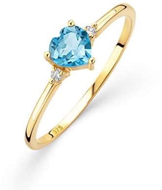 OROVI – Verlobungsring Damen aus 9Ct Gelbgold (375) mit Topas hellblau in Herzschliff 0.55Ct & 0.03Ct Diamanten – Verlobungsring Edelstein & Brillanten – Hypoallergen & handgefertigt (Gr. 52)