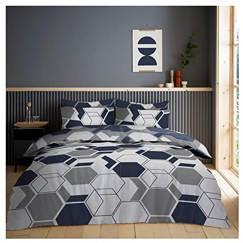 Lions King Size Bedding Sets – 4 Piece Geometric Shapes Quilt Covers, 1x Kingsize Duvet Cover, 1x Fitted Sheet, 2x Matching Pillowcase, Poly Cotton Soft Complete Bed Set, Navy Grey