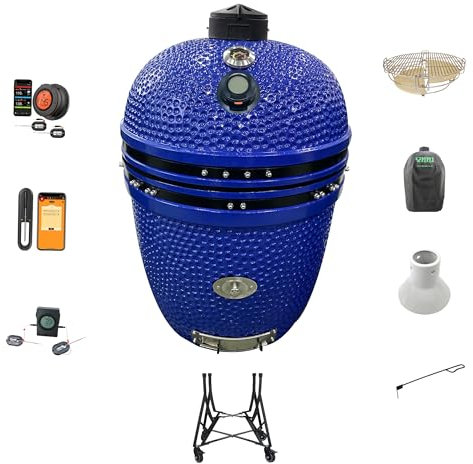 YNNI 27,5 BLU XXL Chip Feeder Kamado Bundle Forno BBQ Grill Extra inc Trolley TQTT27BU