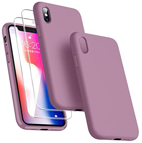 Dssairo [3-in-1 für iPhone X Hülle/iPhone XS Hülle, mit 2 Stück Displayschutzfolie, Flüssigsilikon, schmal, stoßfest, Schutzhülle 5,8 Zoll [Mikrofaserfutter] (Fliederviolett)