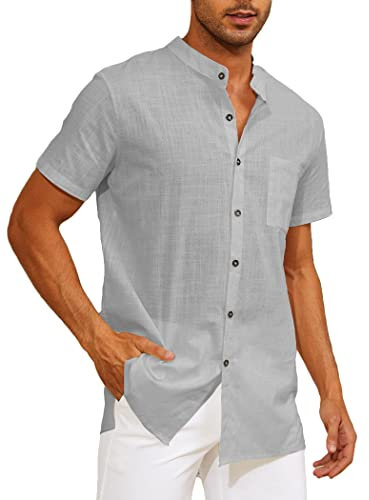 CheChury Hommes Chemises à Manches Courtes Basique Loisirs Chemise Coupe ajustée décontracté à Manches Courtes Revers été Poche à Boutonnage Simple Chemises de Plage,Gris,M