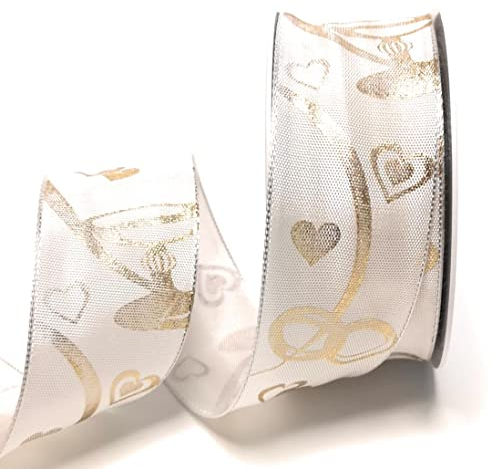 s.dekoda Schleifenband 20m x 40mm Weiß - Gold Hochzeitsband Ringe Herzen Dekoband [3889]