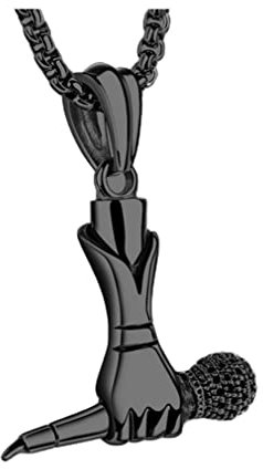 PAURO Mens Stainless Steel Singer Microphone Pendant Music Charm Necklace Hip Hop Jewellery Black