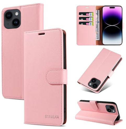 STAWLKA Case for iPhone 15 Plus, Premium PU Leather Flip Magnetic Buckle Wallet Case Kickstand Blocking RFID Shockproof Protective Phone Cover for iPhone 15 Plus - Pink