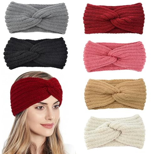 Gestrickt Stirnband Damen, 6 Stk Gestrickt Haarband mit Twist Knoten, Frühling, Herbst und Winter Warmer Ohrenschutz Headband für Frauen Mädchen, Weich und Bequem Elastische Kopfband