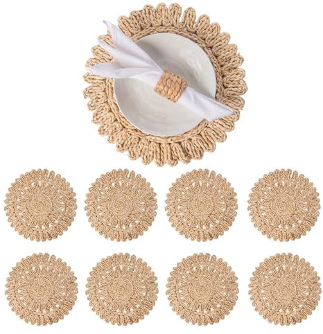 Laquedecraft Juego de 8 manteles individuales redondos de 13.8 pulgadas, manteles individuales de ratán tejido bohemio, cargadores de platos de primavera de granja como jacinto de agua, hierba marina