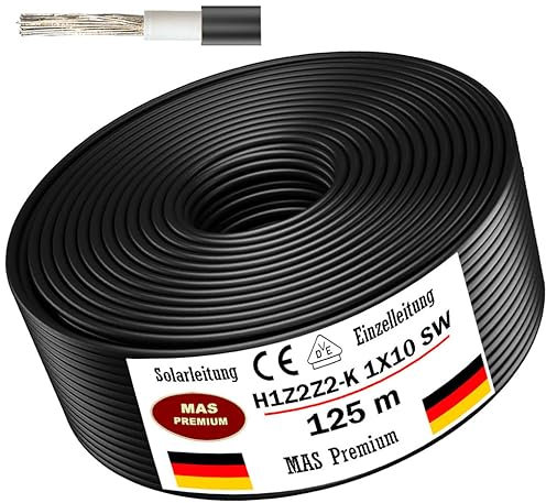 Solarleitung H1Z2Z2-K 4, 6, oder 10 mm² Von 5 bis 200m Solarkabel Schwarz, Rot oder Blau Erdverlegbare Einzelleitung Photovoltaik Halogenfrei Doppelt isoliert (H1Z2Z2-K 10, Schwarz, 125m)