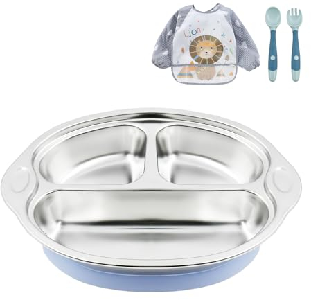 Esoes Juego de 4 piezas de vajilla para bebé, antideslizante, juego de vajilla infantil de acero inoxidable con ventosa, cucharas y tenedores de silicona, baberos, cubiertos para bebés y niños