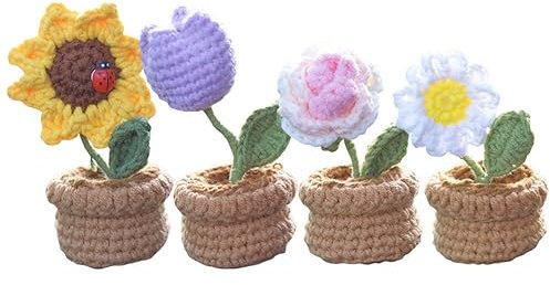 YANGSHINE 4 mini fiori artificiali in vaso fatti a mano all'uncinetto, girasoli completati a maglia, tulipano, margherita, rosa, fiore per casa, ufficio, auto, decorazione cruscotto, colore #11