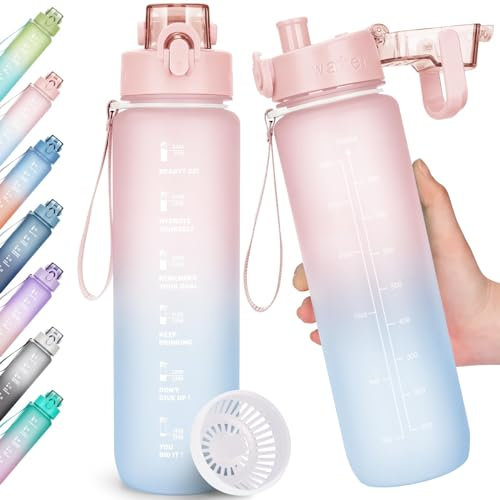 Gobravio Water Bottle 1L Drinks Bottle BPA Free Sports Water Bottle with Time Markings Leak Proof Sport Bottle for Running, Cycling, Gym, School and Office