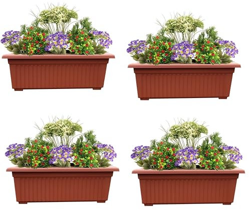 Set Of 4 Garden Trough Long 70cm Window Box Planter Flower Box Plastic Sleek Terracotta Raised Plant Pot Planter Herb Trough Plants Flower Bed for Small Bushes Vegetable Planters Box Windowsill Patio