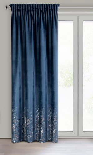 Eurofirany MIRELA - Tenda in velluto, con fettuccia arricciata, 1 pezzo, motivo dorato, oscurante, glamour, per soggiorno, camera da letto, 140 x 270 cm, blu scuro