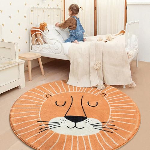Viusneun Kinderteppich, Waschbar Kurzflor Braun gelb wenig Löwe Kopf Muster, Moderner Super weich Rund Teppiche Matte Kinderteppich Kinderzimmerteppich (Löwe,140 * 140cm)