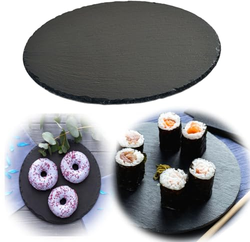 LS-LebenStil Schieferplatte 20x20cm Schwarz - Naturschiefer-Platten - Rund - Servierplatte Schieferteller Tischset Sushi Deko Tablett Tapas-Teller Schiefertafel Steinplatte Tafelplatte Untersetzer