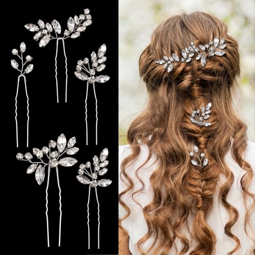AOZUO 5 Stück Haarschmuck Hochzeit mit Strasssteinen,Brautschmuck Haare Hochzeiten Kristallen Blumenperlen Französische Brauthaarspangen für Braut Frauen Geburtstagsparty Brautjungfern Kopfbedeckungen