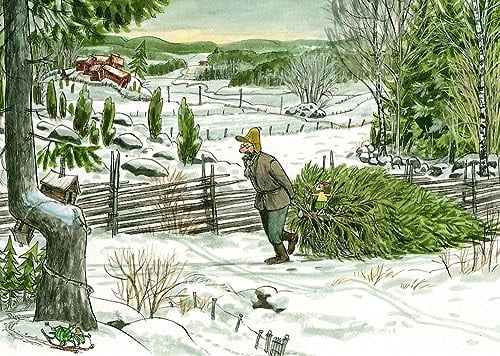 Postkarte Pettersson und Findus: Christbaum holen mit Findus