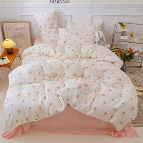 Lanqinglv Bettwäsche 135x200 Rosa Weiß Tulpen Blumenmuster Wende Bettwäsche Set Bettbezug mit Reißverschluss und 1 Kissenbezug 80x80 cm,ÖkoTex Zertifiziert & für Allergiker Geeignet