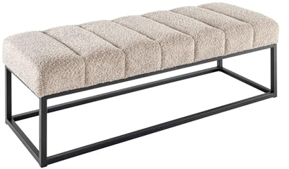 Riess Ambiente Design Sitzbank Petit BEAUTÉ 110cm Champagner Greige Bouclé schwarzes Metallgestell Bouclébank Flurbank Schminkbank Wohnzimmerbank Polsterbank