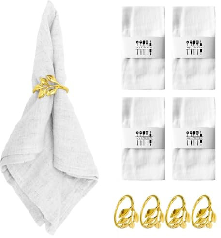 LOMUG Stoffservietten, 4er Set Dinner Stoffservietten Baumwolle, Leinenservietten Wiederverwendbare, Stoffservietten mit Serviettenringe für Hochzeit Geburtstag Party Küche Cafe Restaurant 40 x 40cm