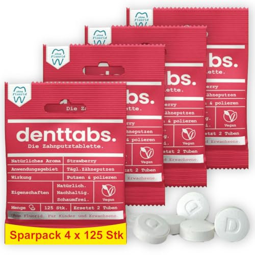 Denttabs Zahnputztabletten Erdbeergeschmack 4x125 Stk. die vollwertige Alternative zur Zahnpasta, fluoridfrei für Kinder und Erwachsene VEGAN Plastikfrei ohne Konservierungsstoffe. kompostable Bag