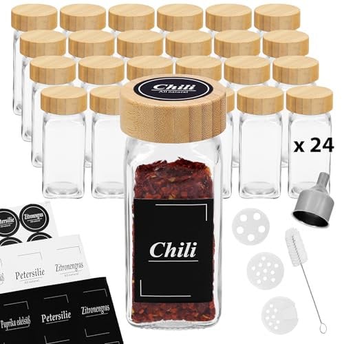 Gewürzgläser eckig leer mit Bambusdeckel VonBueren | 24 x 120 ml | Gewürzbehälter mit Streueinsatz | spice jars glas | Gewürzstreuer aus Glas
