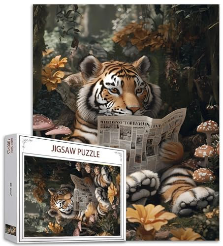 Jungle Animals 1000 Piece Jigsaw Puzzle for Adults Tiger Reading Newspapers Pictures Forest Puzzles for Challenging Family Activity Game DIY Handwork Puzzles Home Decor Gifts