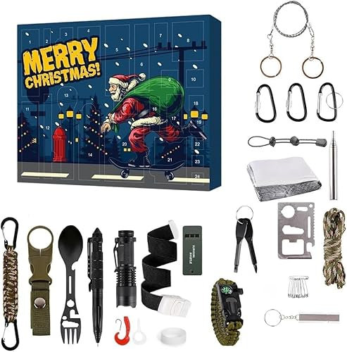 2024 Survival Kit Advent Calendar Mens, 24 Days Christmas Countdown Calendar, Survival Tools Advent Calendar for Men - 2024 Hiking Survival Equipment Kit Gifts for Outdoor Enthusiasts (A1)