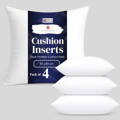 Lancashire Textiles Duck Feather Cushion Pads Generously Filled with Ethically Sourced Feathers Encased in Pure Cotton Cambric Cover - Pack of 4-20 x 20 (50cm x 50cm)