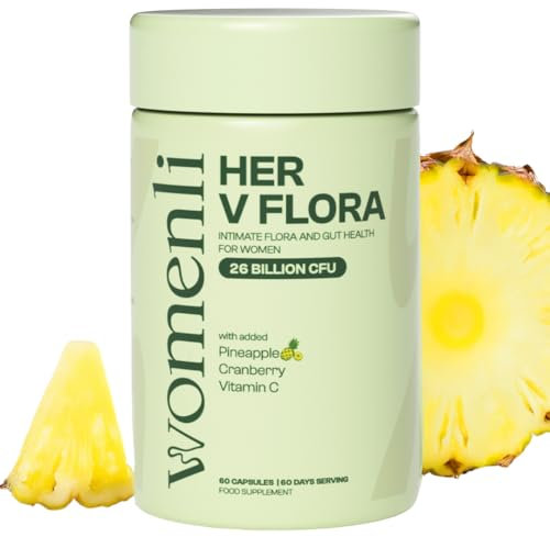 Prebiotics & Probiotics for Women - 26 Billion CFU Flora with Cranberry, Vitamin C & Pineapple | Bio Cultures for Women's Intimate Flora & Gut Health | 60 Vegan Capsules | Her V Flora by Womenli