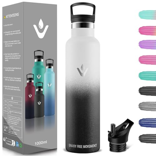 Trinkflasche Edelstahl 1L, BPA-Frei, Thermosflasche, Auslaufsichere Isolierflasche Doppelwandig, Wasserflasche, Thermoskanne, mit Strohhalm, Trinkflasche Kohlensäure Geeignet für Camping