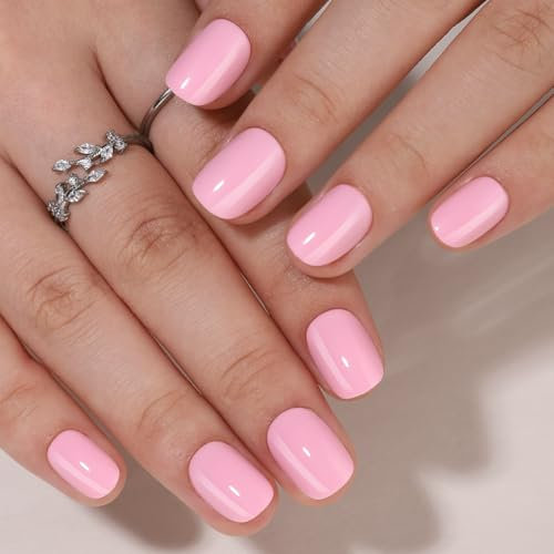 Anglicolor Faux ongles,ongles à coller réutilisables,Faux ongles roses,32 faux ongles courts en gel souple, y compris colle à ongles, lime à ongles et bâton de manucure (Pink-A5, 32 pièces)