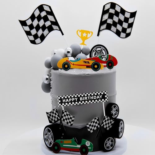Rennwagen Tortendeko, 35 Stück Auto Thematische Geburtstag Deko, Rennwagen Kuchendeko,Kuchen Topper, Karierte Flagge Cupcake Topper, für Jungen und Kinder Geburtstagsparty, Sport Theme Party