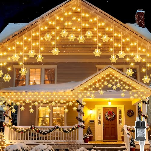 Eisregen Lichterkette Außen,Gcstnn 10M 240er LEDs Schneeflocke Lichterketten Eisregen Weihnachtsbeleuchtung Strom mit Timer,Wasserdicht für Balkon Dachrinne Haus Fenster Weihnachtsdeko Innen-Warmweiß