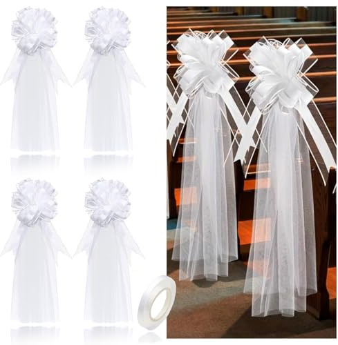 YYUEZHI 4 Stück Hochzeitsschleifen Groß, Hochzeitsgang Deko Kirche, Autoschleifen Hochzeit Weiß, Stuhlschleifen, mit Tüll, Schleifen Für Kirchenbänke, Party, Zeremonie, Bankett, 40 x 120 cm