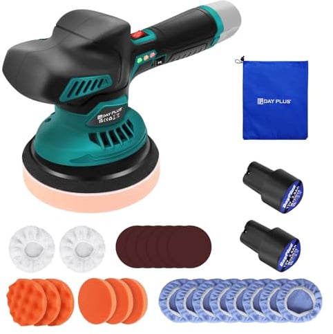 Auto Poliermaschine Akku, Brushless Poliergerät mit 2x Akkus & Ladegerät, 22-teiliges Polierset, 6 Variable Geschwindigkeiten für Polieren, Wachsen, Kratzerentfernung an Fahrzeugen