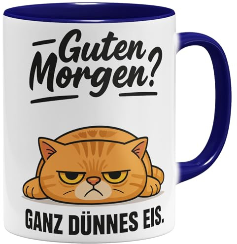 OM3® Lustige Katze Kaffee-Tasse mit Spruch - Guten Morgen Ganz dünnes Eis - Morgenmuffel - Keramik Becher - 325ml - Beidseitig Bedruckt - Dunkelblau