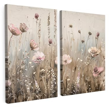 MuchoWow© Bild auf Leinwand 2er Set Schlafzimmer Bilder Badezimmer Wand | 80x60 cm - Deko Wohnzimmer Modern Wanddeko Bilderwand Wandbilder Blumen - Beige - Rosa
