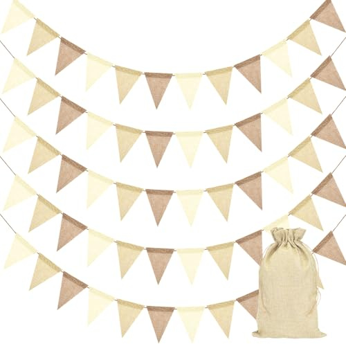 KICNIC Wimpelkette Outdoor Wetterfest, 5 Stück Wimpelkette Kinderzimmer, 20M Girlande Hochzeit mit 60 Wimpeln, Wimpel Girlanden Deko für Geburtstag, Party, Karneval (Beige Braun)