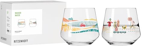 RITZENHOFF 8185004 Wasserglas 400 ml, 2er Set – mit sanften Feldern, goldenen Ähren & idyllischem Trecker-Motiv – Made in Germany
