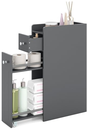 LIFEZEAL Nischenschrank, Badezimmerschrank klein mit Schublade, Nischenregal schmal mit Rollen, Nischenwagen für Waschküche, Wohnzimmer, Badezimmer, 40 x 18 x 70 cm (Grau)