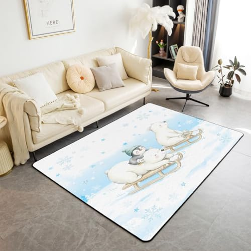 feelingyou Lovable Polar Bear Wohnzimmer Teppich 150x200cm Cute Penguin Skiing Sport Snowflake Pattern Schlafzimmerbereich Teppich für Jungen Mädchen Wildlife Blue Print Bodenmatte Heimdekor