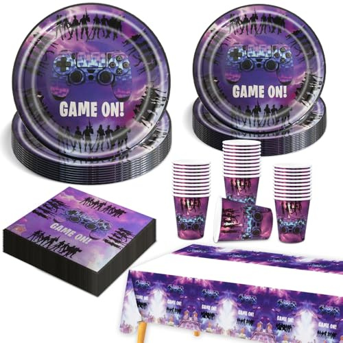 81 Pcs Gaming Party Decorations, Party Supplies Tableware Set Game Theme Birthday Decorations Included Plates Cups and Napkins Table Cloth Banner for 20 Guests Boys Girls Chrildren