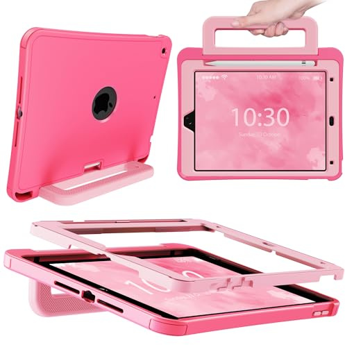 INFILAND Coque pour iPad 10,2 9e/8e/7e Génération (2021/2020/2019), Étui Robuste Silicone Antichoc avec Support, Poignée et Porte-Stylet (Magenta-Pink)