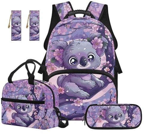 SEANATIVE Set di 5 zaini impermeabili per libri da 9 a 12 anni con borsa termica per il pranzo, Koala in fiore di ciliegio, Zainetto