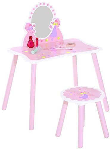 HOMCOM Kids Dressing Table Girls Pink Wooden Kids Dressing Table & Stool Make Up Desk Chair Toys Fairy Dresser Play Set w/Mirror