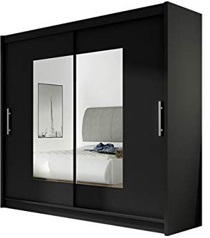 Mirjan24 Kleiderschrank mit Spiegel London VII, Schwebetürenschrank, Schiebetürenschrank, Modernes Schlafzimmerschrank 180x215x58cm, Garderobe, Schlafzimmer (Schwarz)