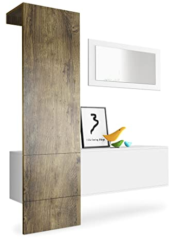 Vladon Garderobe Carlton Set 4, Made in Germany, Garderobenset bestehend aus 1 Garderobenpaneel, 1 Schrankmodul und 1 Wandspiegel, Weiß matt/Eiche Ribbeck (156 x 193 x 35 cm)