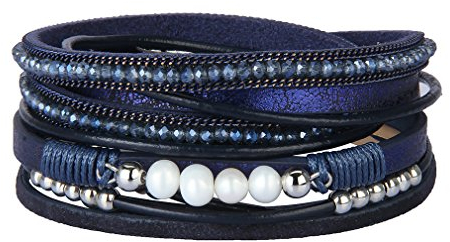 JOYMIAO Frauen Lederarmband Multilayer geflochten Boho Pearls Wickelarmband für Mädchen (Blau) …