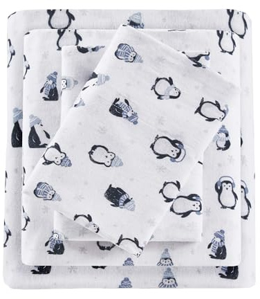 Intelligent Design Gemütliches, weiches 100% Baumwoll-Flanell-Druck, Tiere, Sterne, niedlich, warm, ultraweich, kaltes Wetter, Bettwäsche-Set, Bettwäsche, volle Blaue Pinguine 4-teilig